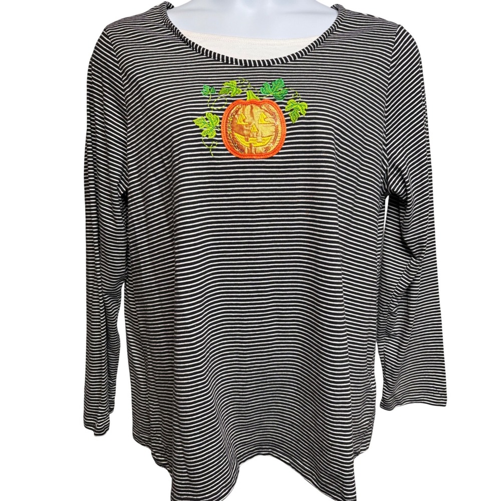 HOLIDAY EDITIONS Womens Black Striped Halloween Pumpkin Sequin T-Shirt 1X Spooky